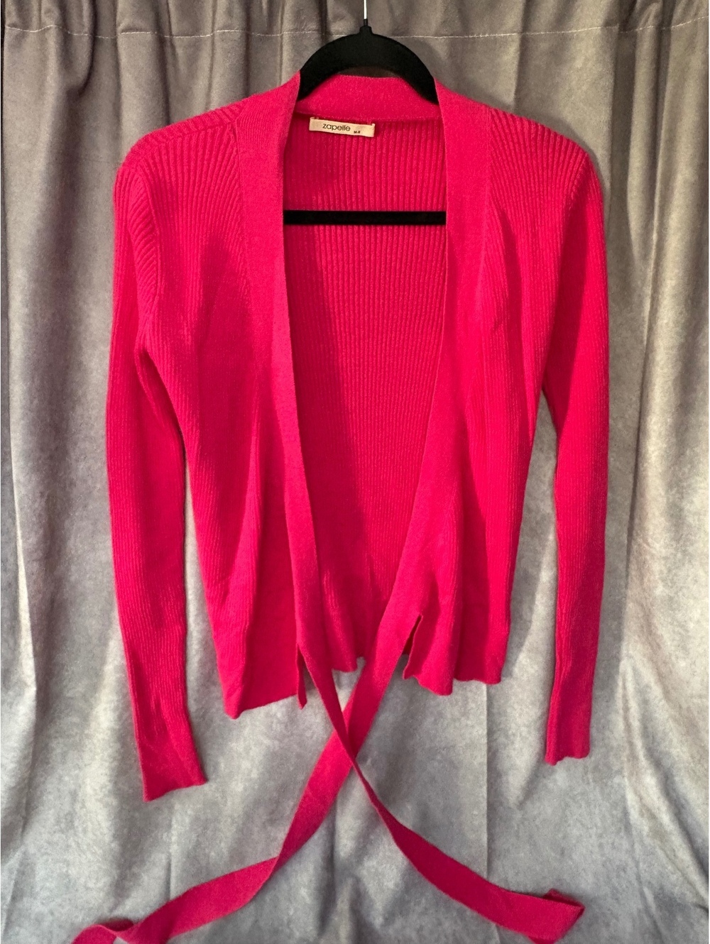 Zapelle Pink Tie Front Rib Knit Cardigan Sweater Womens M 8 Long Sleeve